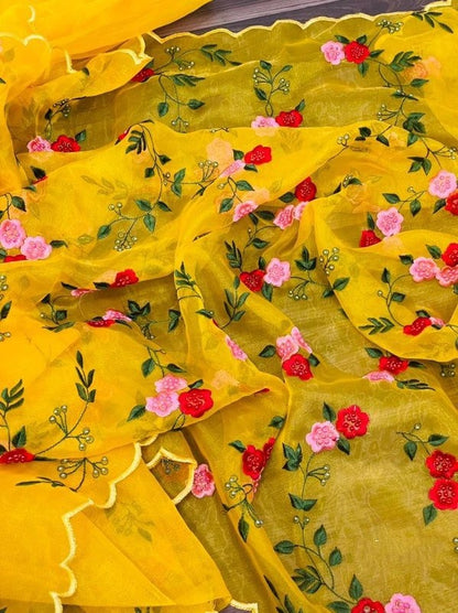 Yellow organza silk fancy hand thread work saree