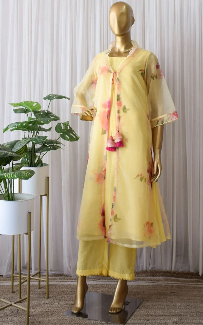 Yellow organza silk printed raksha bandhan special pant suit with shrug