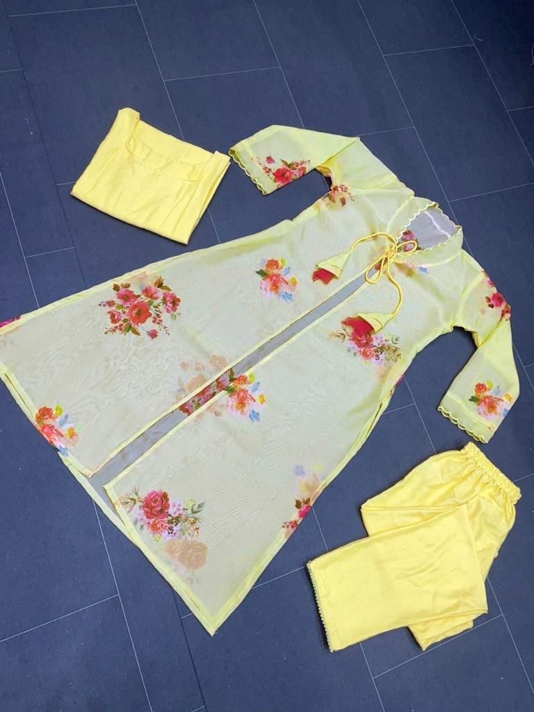 Yellow organza silk printed raksha bandhan special pant suit with shrug