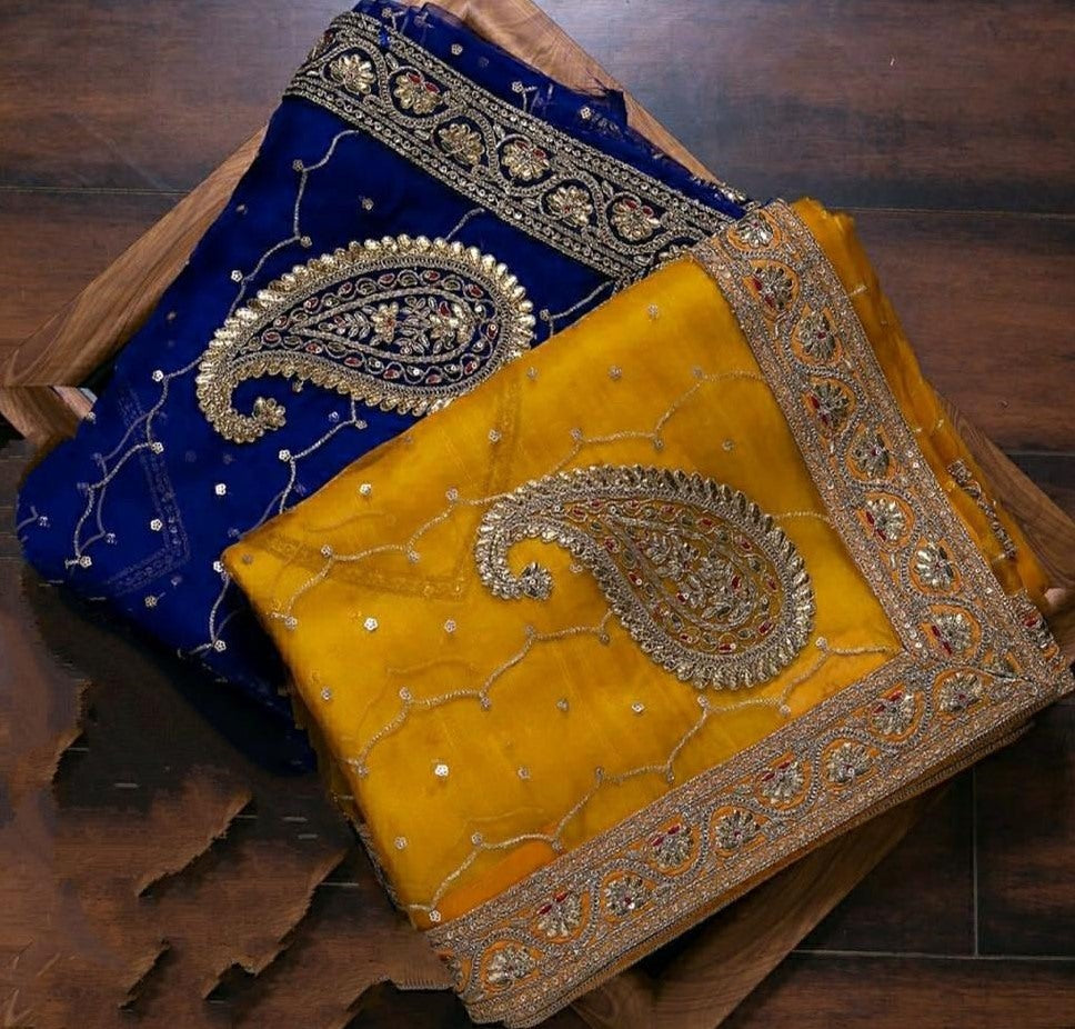 Yellow organza silk thread with patch work designer saree