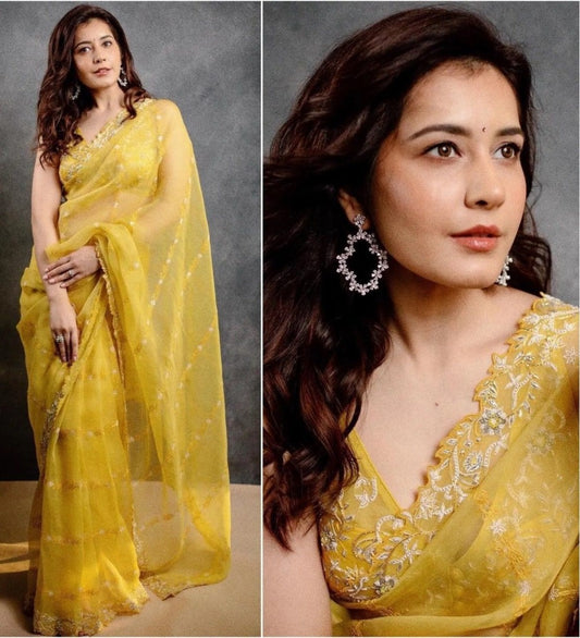 Yellow organza theread embroidered saree