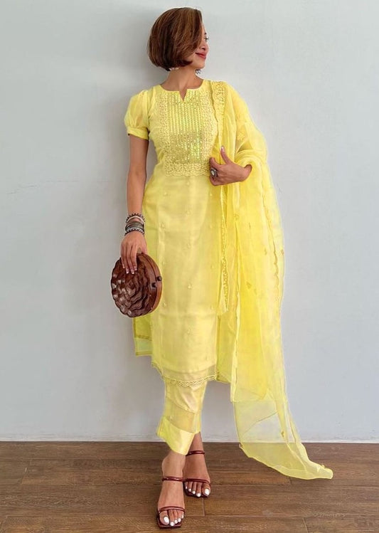 Yellow organza thread and sequence embroidered salwar suit