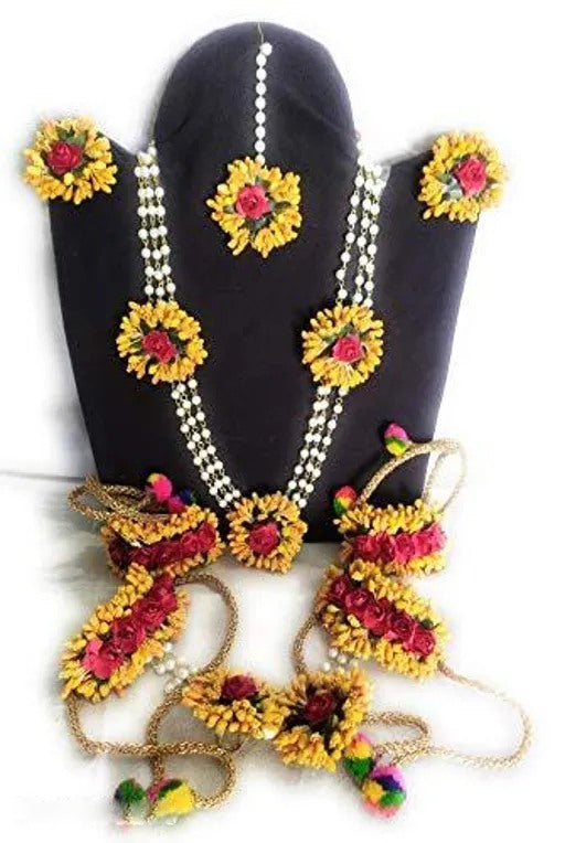 Yellow Pink Floral Jewellery Set for Women & Girls (Mehandi/Haldi/Bridal/Baby Shower/Marriage/Wedding)