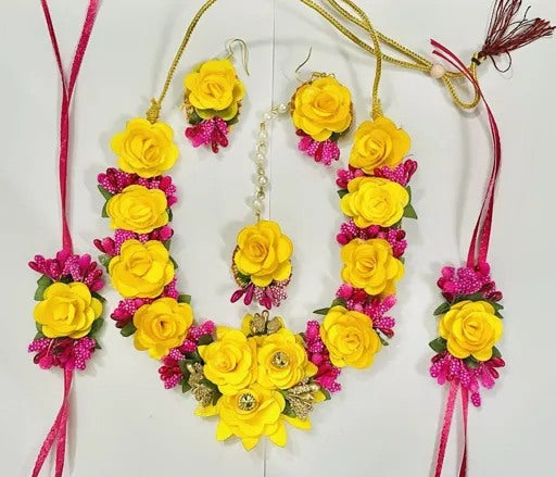Yellow Pink Flower Jewellery Set for Women & Girls (Mehandi/Haldi/Bridal/Baby Shower/Marriage/Wedding)