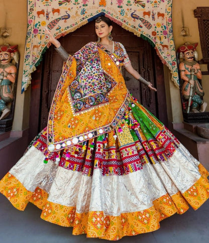 Yellow print mirror work gujarati garba navratri lehenga chaniya choli