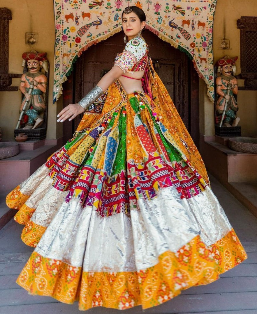 Yellow print mirror work gujarati garba navratri lehenga chaniya choli