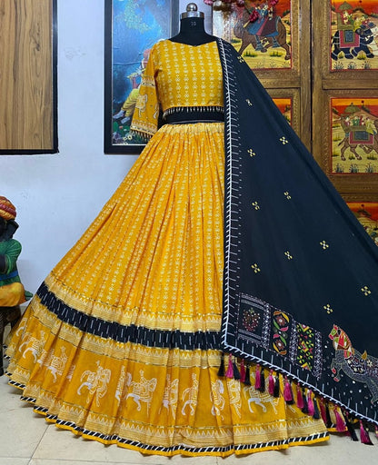 Yellow printed and mirror work gujarati garba navratri ghagra lehenga chaniya choli