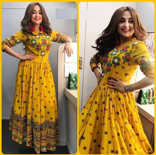 yellow printed crep semistitched anarkali suit
