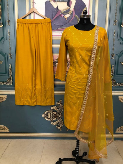 Yellow rayon embroidered plazzo suit