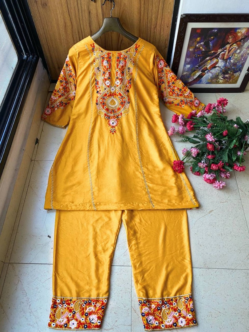 Yellow rayon embroidery work kurti
