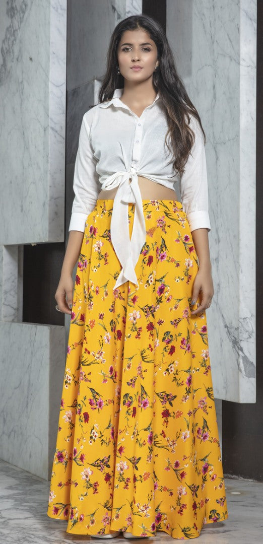 Yellow rayon flower printed party wear crop top