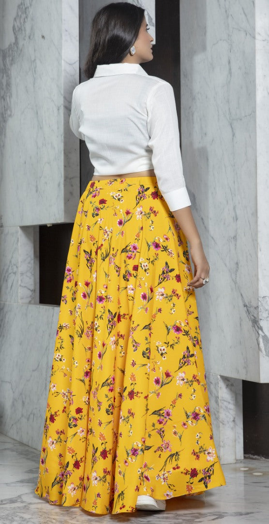 Yellow rayon flower printed party wear crop top