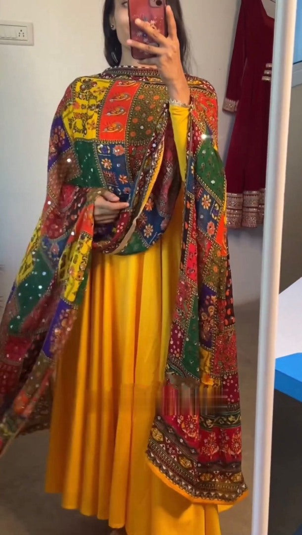 Yellow satin plain anarkali suit with printed dupatta