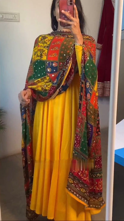 Yellow satin plain anarkali suit with printed dupatta