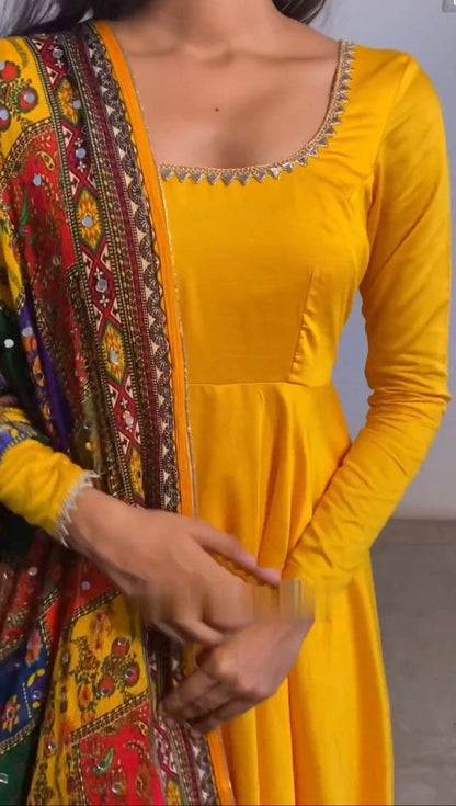 Yellow satin plain anarkali suit with printed dupatta