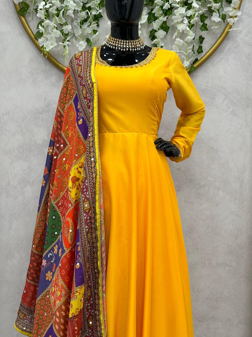 Yellow satin plain anarkali suit with printed dupatta