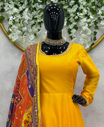 Yellow satin plain anarkali suit with printed dupatta