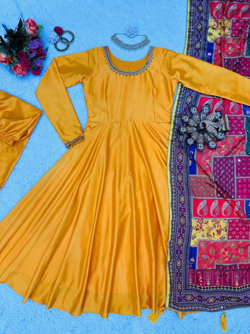 Yellow satin plain anarkali suit with printed dupatta