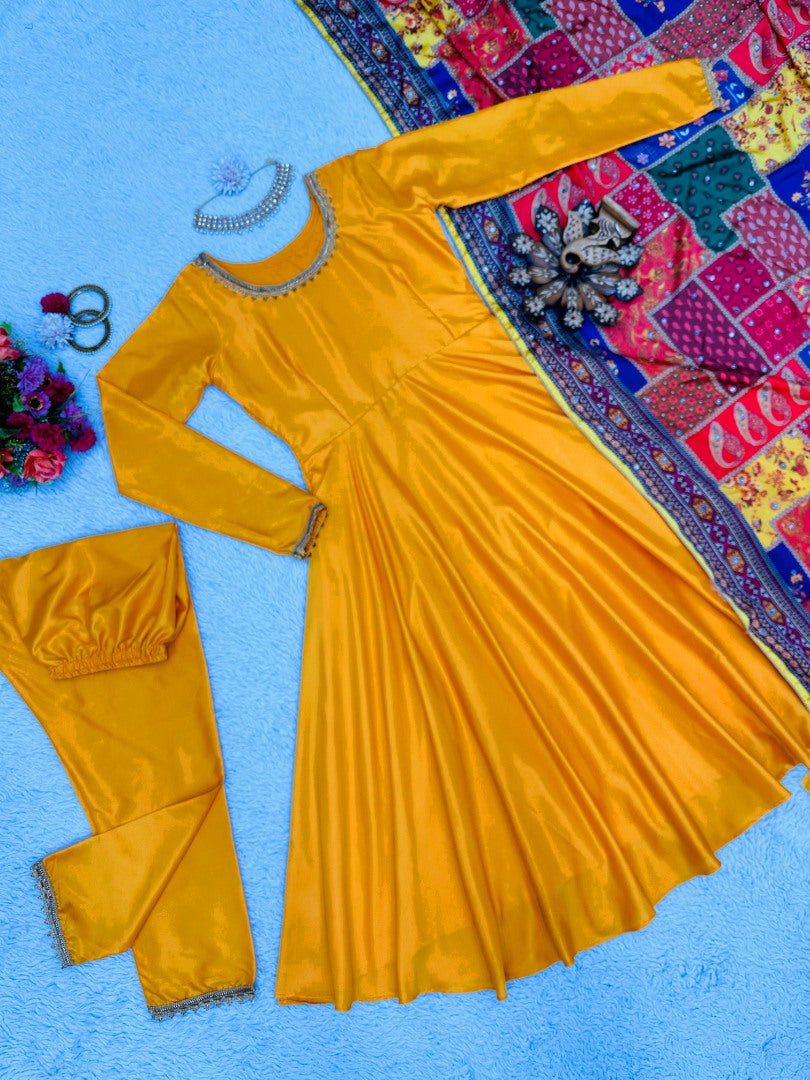 Yellow satin plain anarkali suit with printed dupatta