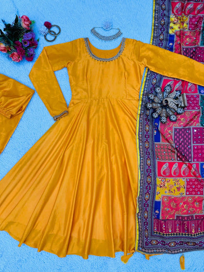 Yellow satin plain anarkali suit with printed dupatta