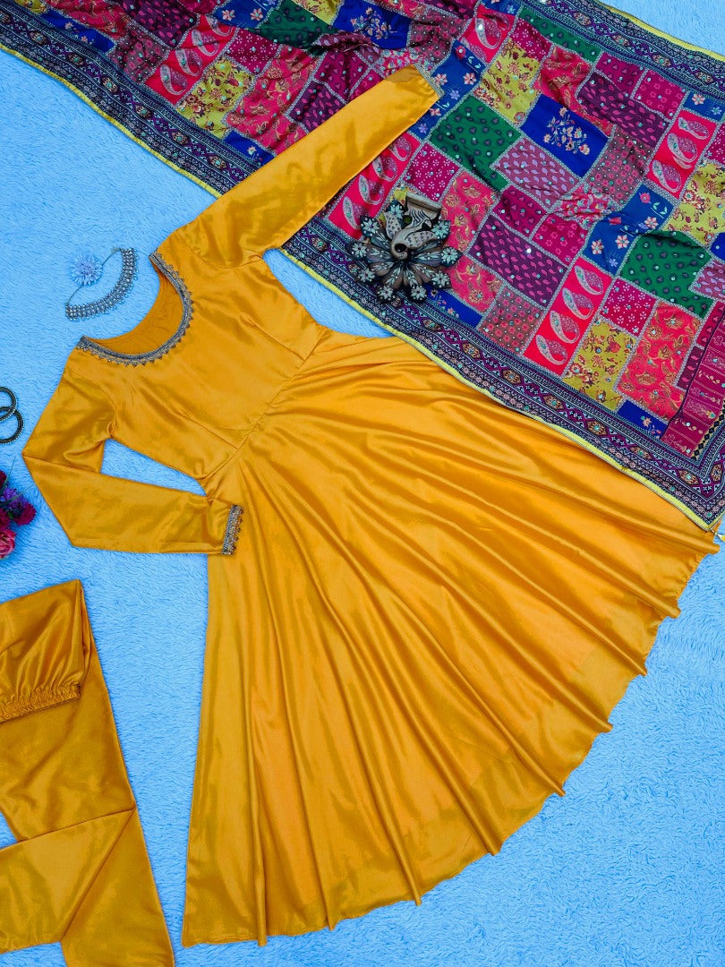 Yellow satin plain anarkali suit with printed dupatta