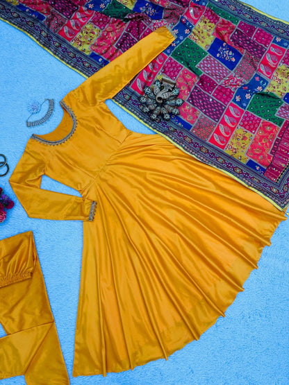 Yellow satin plain anarkali suit with printed dupatta