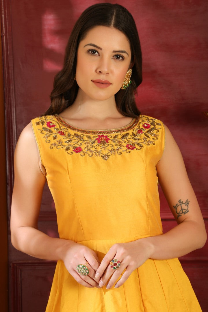 Yellow silk thread and sequence embroidered Ceremonial Gown