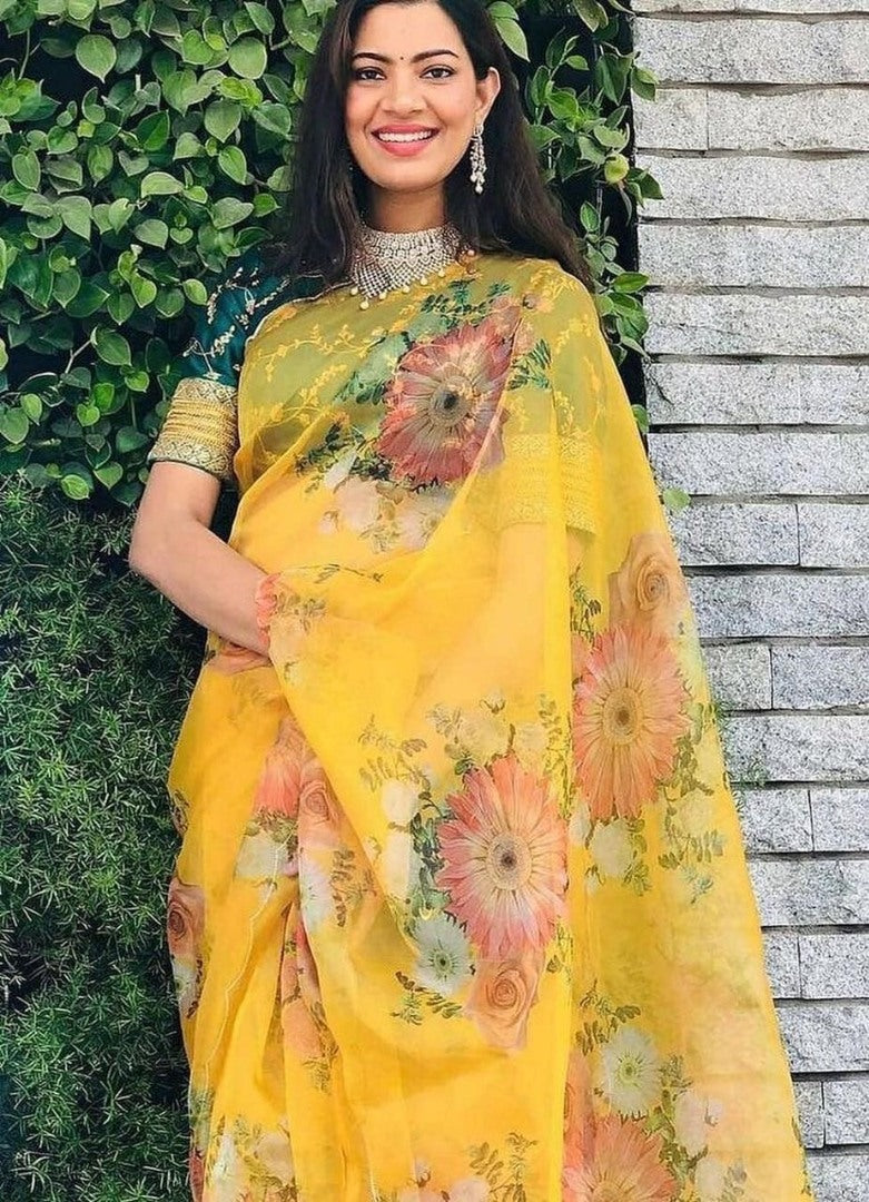 Yellow soft khadi organza floral digital printed saree