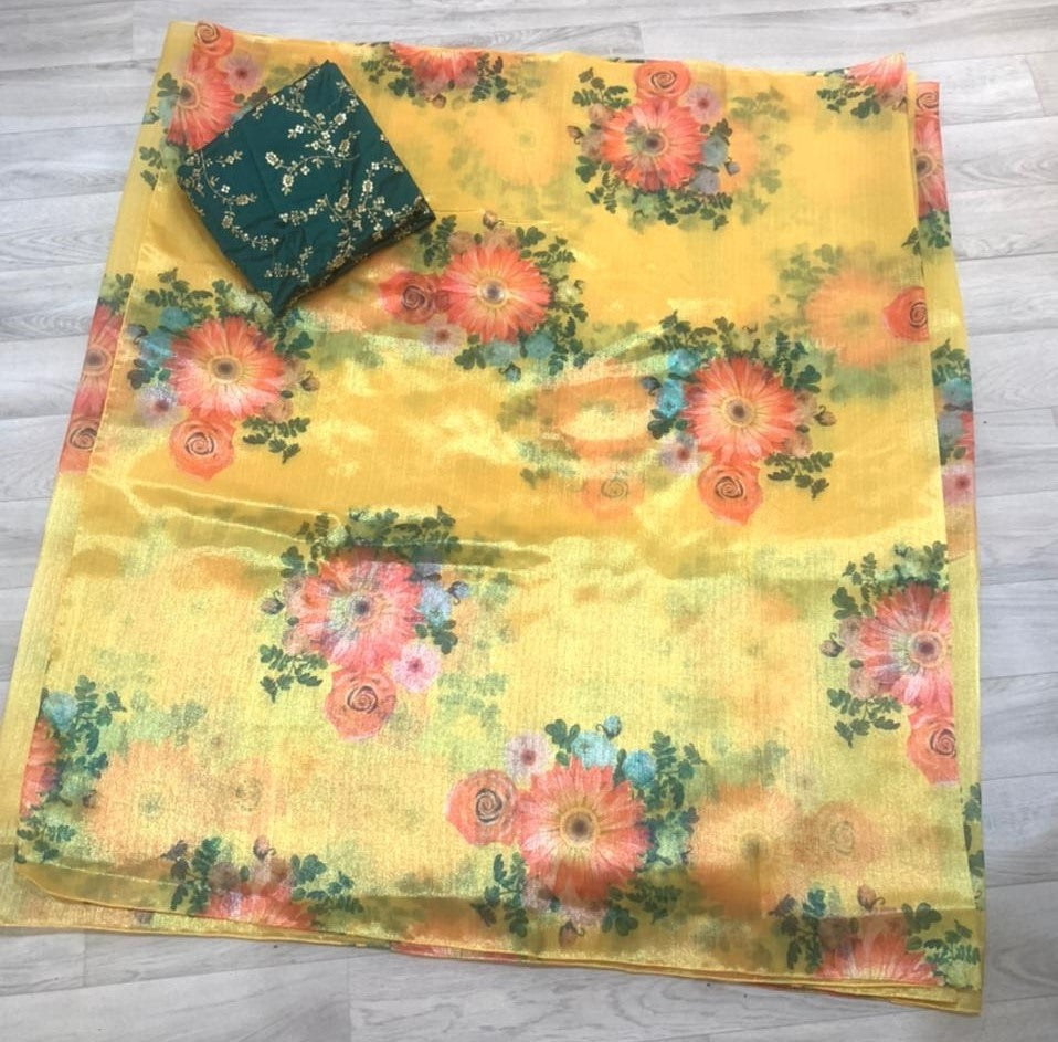 Yellow soft khadi organza floral digital printed saree