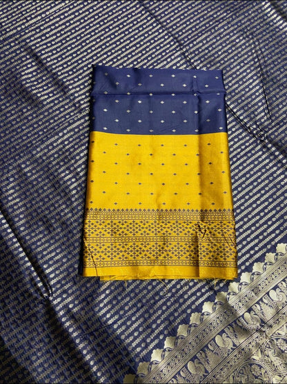 Yellow soft lichi silk golden zari jacquard weaving work saree