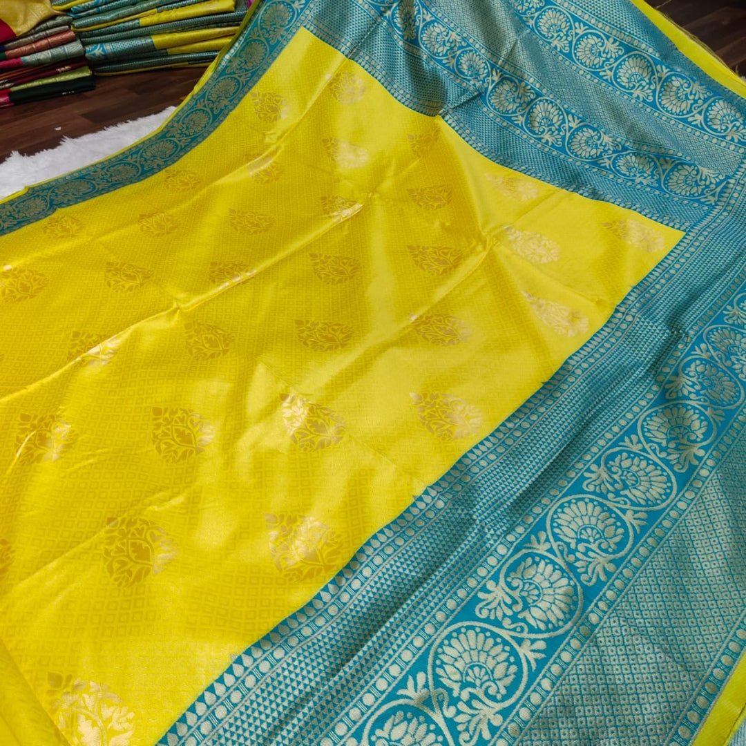 Yellow soft lichi silk jacquard weaving work saree