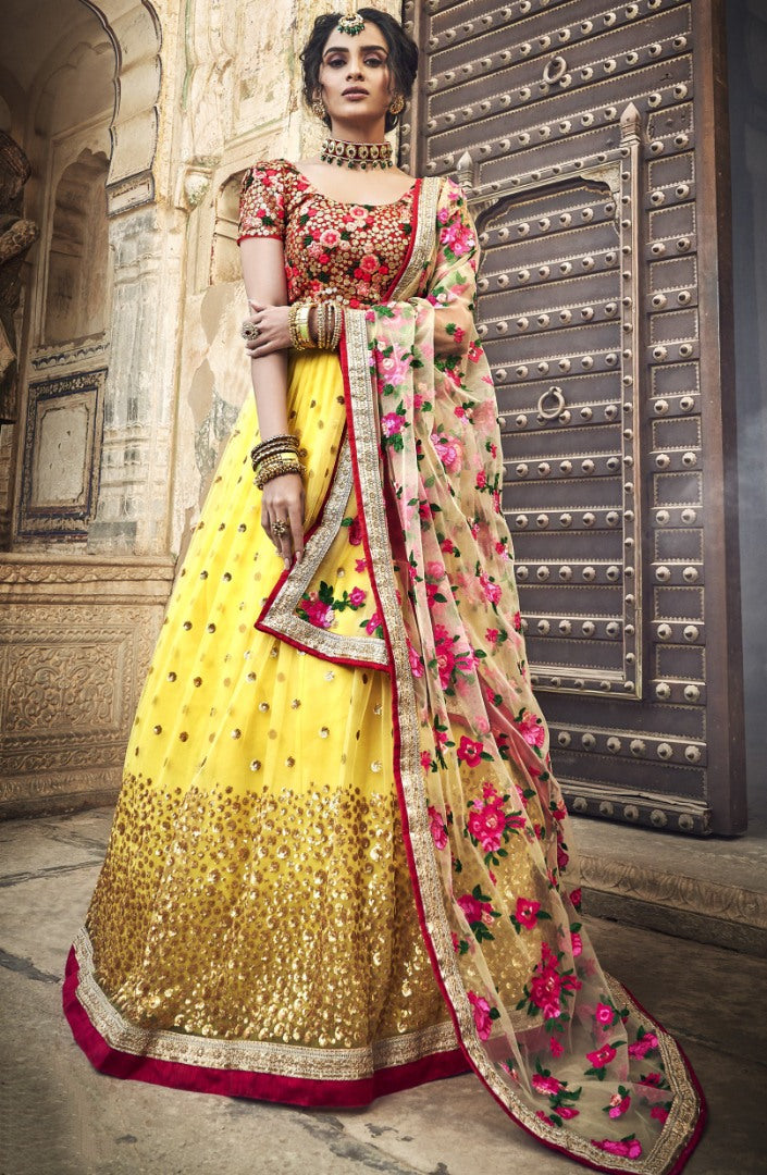 Yellow soft net sequence and thread work bridal lehenga choli