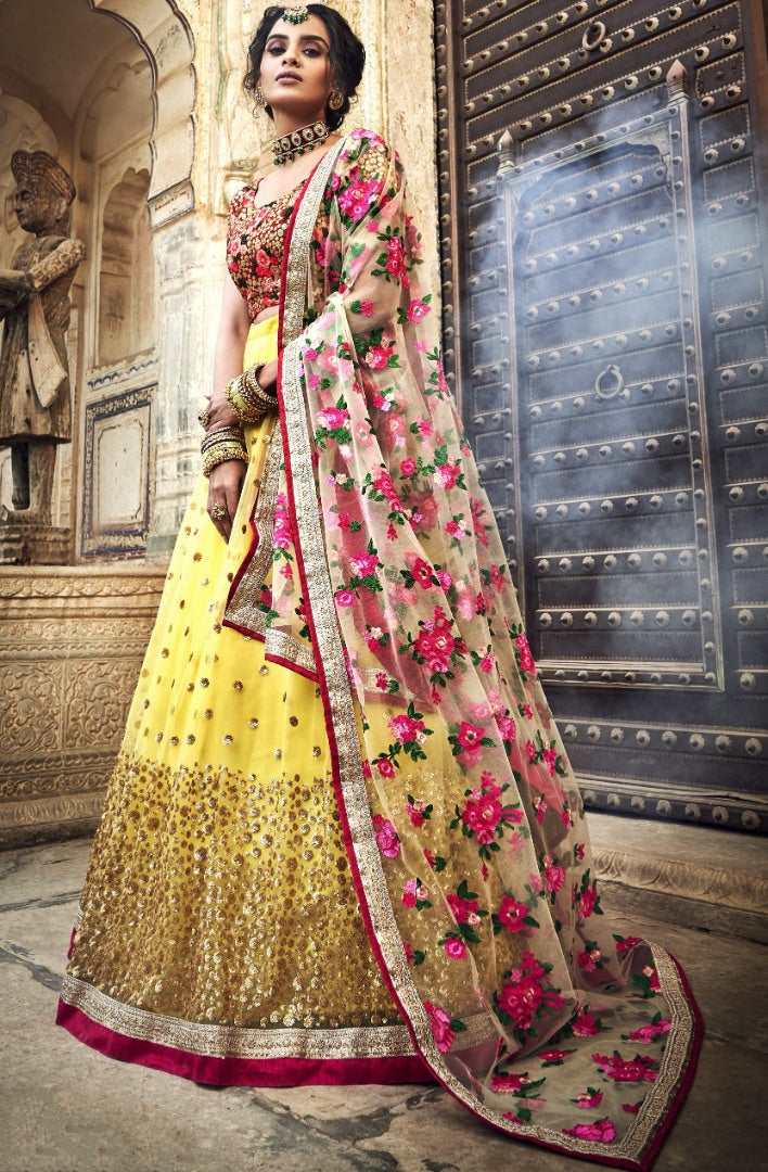 Yellow soft net sequence and thread work bridal lehenga choli