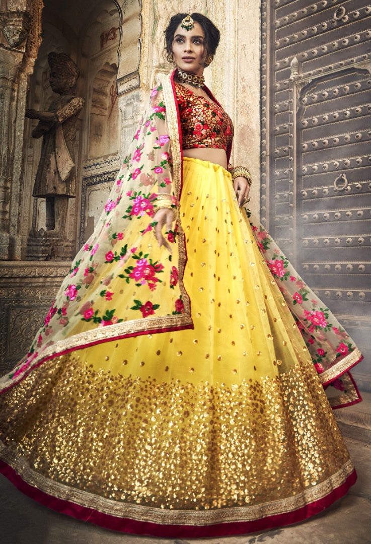 Yellow soft net sequence and thread work bridal lehenga choli