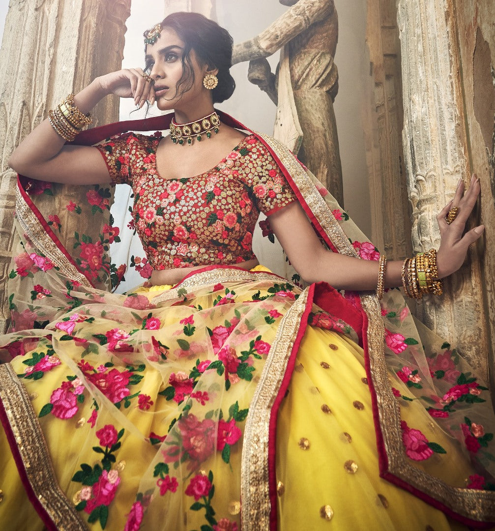 Yellow soft net sequence and thread work bridal lehenga choli