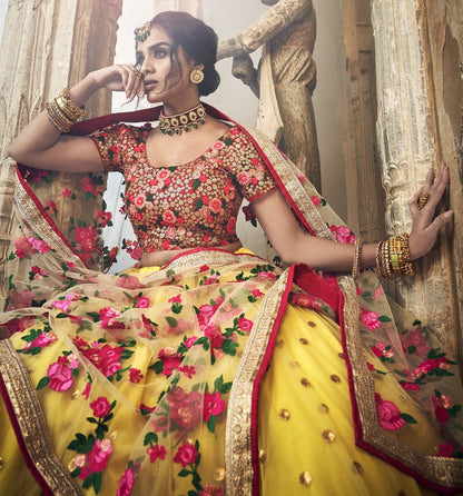 Yellow soft net sequence and thread work bridal lehenga choli