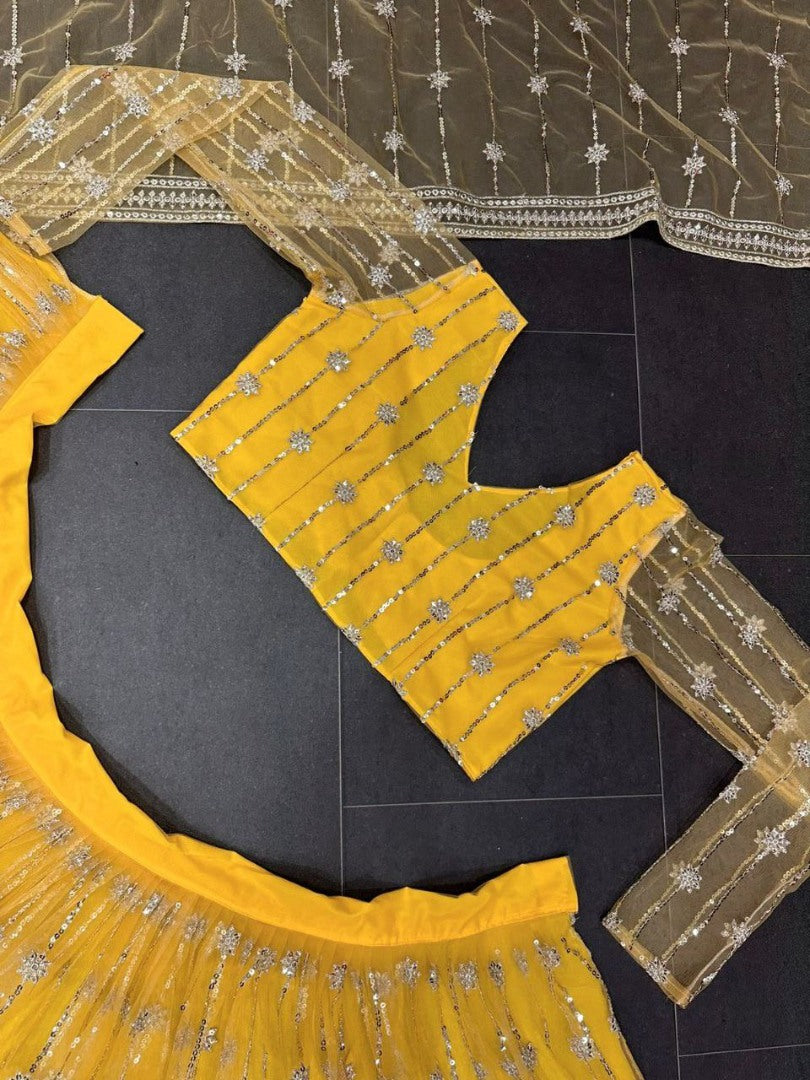 Yellow soft net sequence embroidery work haldi ceremony lehenga choli