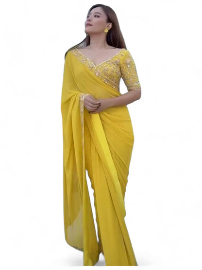 Yellow stylish ceremonial georgette saree