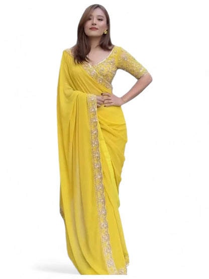 Yellow stylish ceremonial georgette saree