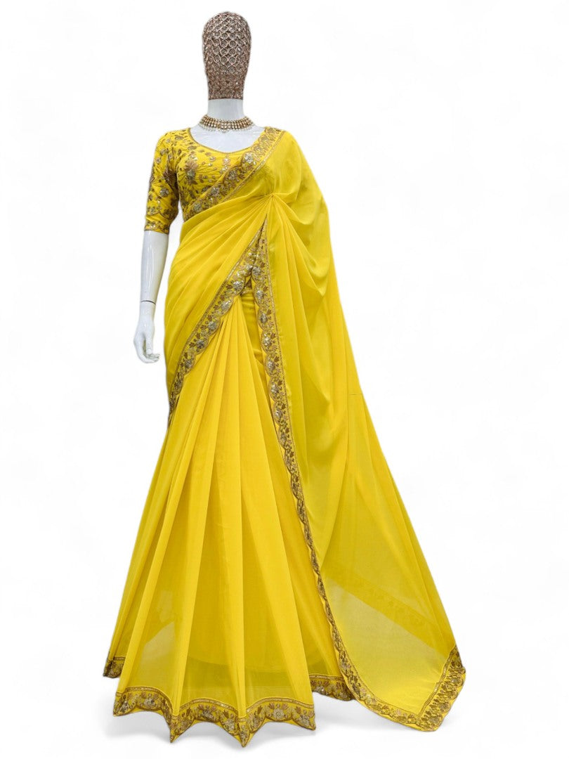 Yellow stylish ceremonial georgette saree