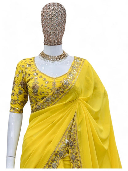 Yellow stylish ceremonial georgette saree