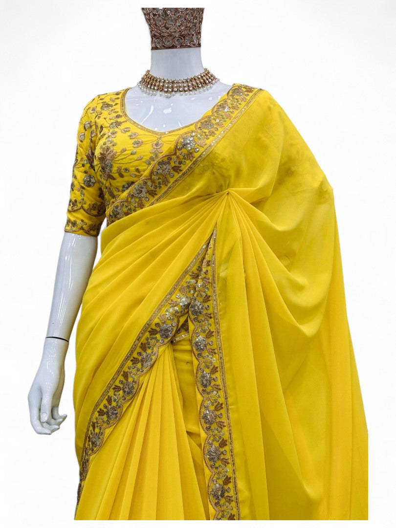 Yellow stylish ceremonial georgette saree