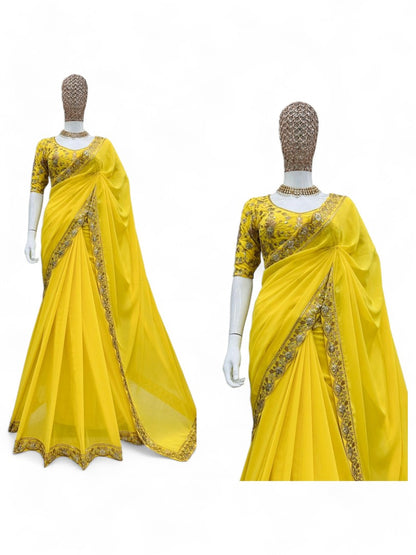 Yellow stylish ceremonial georgette saree