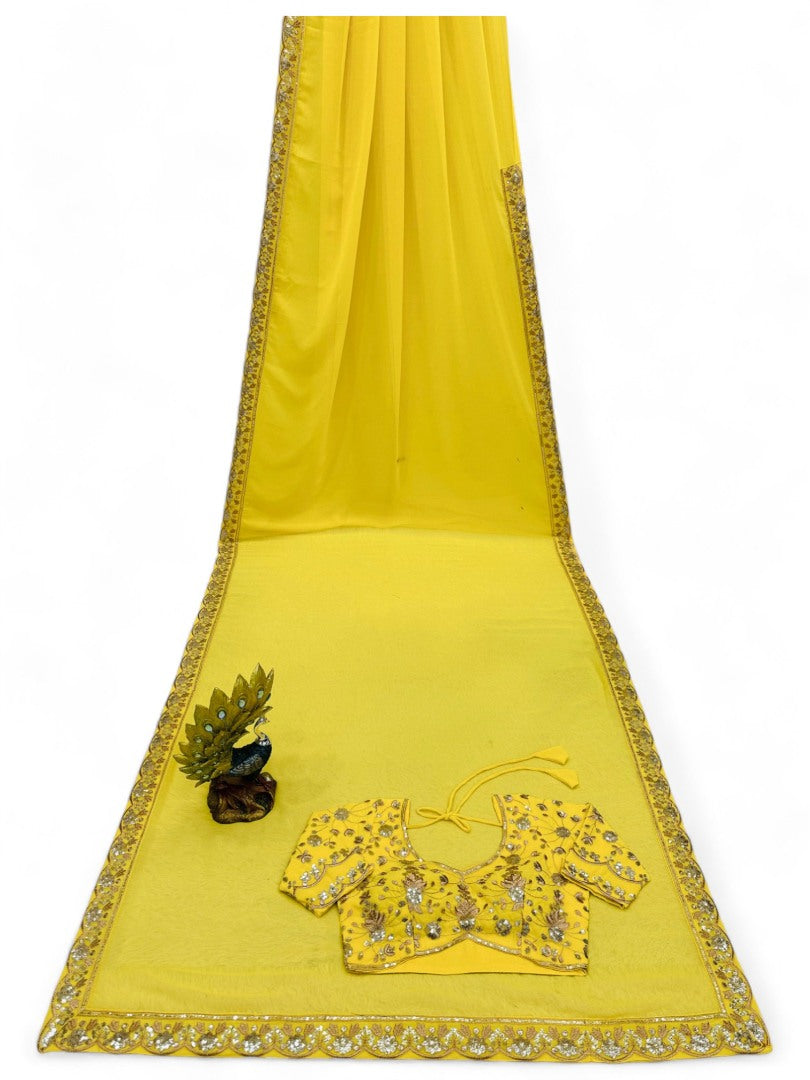 Yellow stylish ceremonial georgette saree