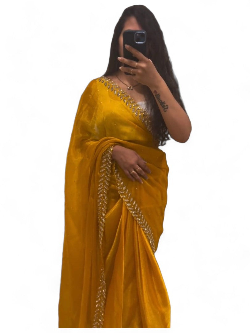 Yellow stylish fancy party wear saree