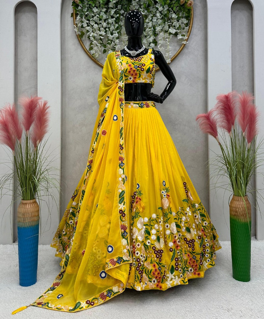 Yellow tabby silk heavy work ceremonial designer lehenga choli