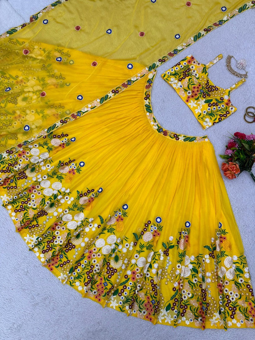 Yellow tabby silk heavy work ceremonial designer lehenga choli