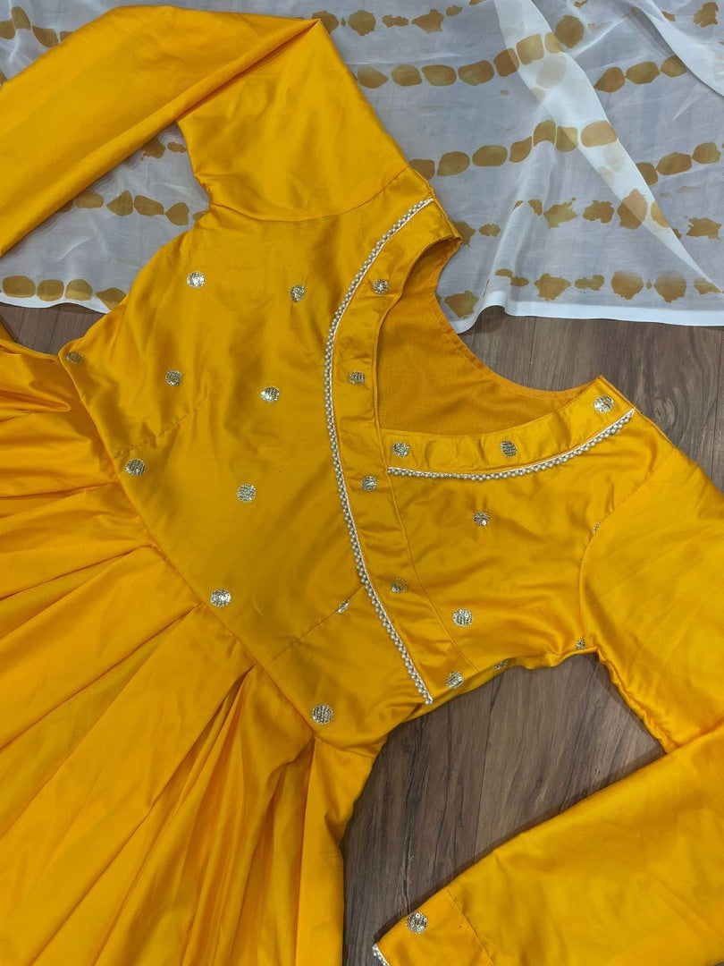 Yellow tafeta silk plain party wear anarkali suit