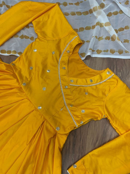 Yellow tafeta silk plain party wear anarkali suit