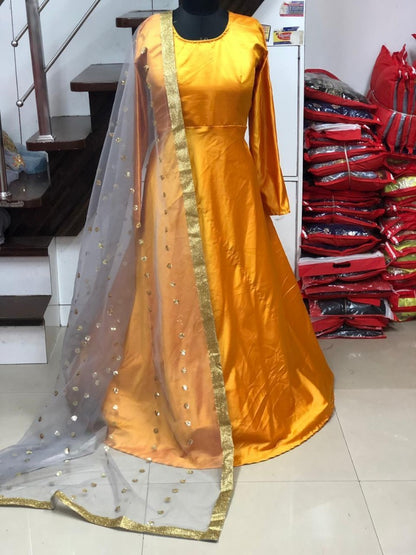 yellow tapeta satin beautiful plain partywear long gown with dupatta